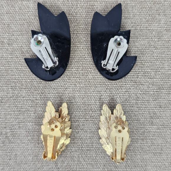 VTG 2 pair clip on earrings Weiss autumn leaves black and stones leaves - Picture 4 of 5